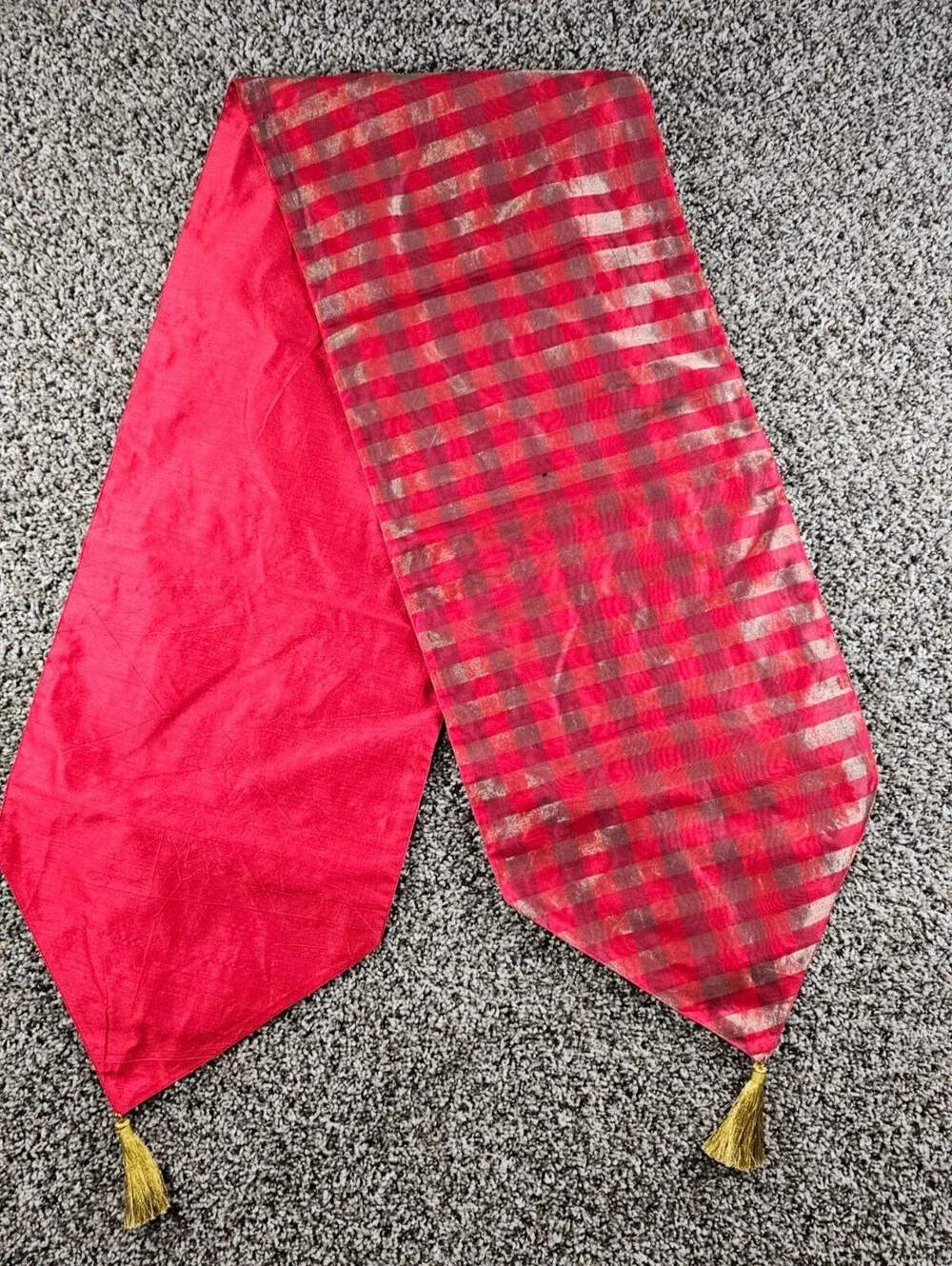 Vintage Red and Gold Holiday Table Runner Tassel End Christmas Plaid